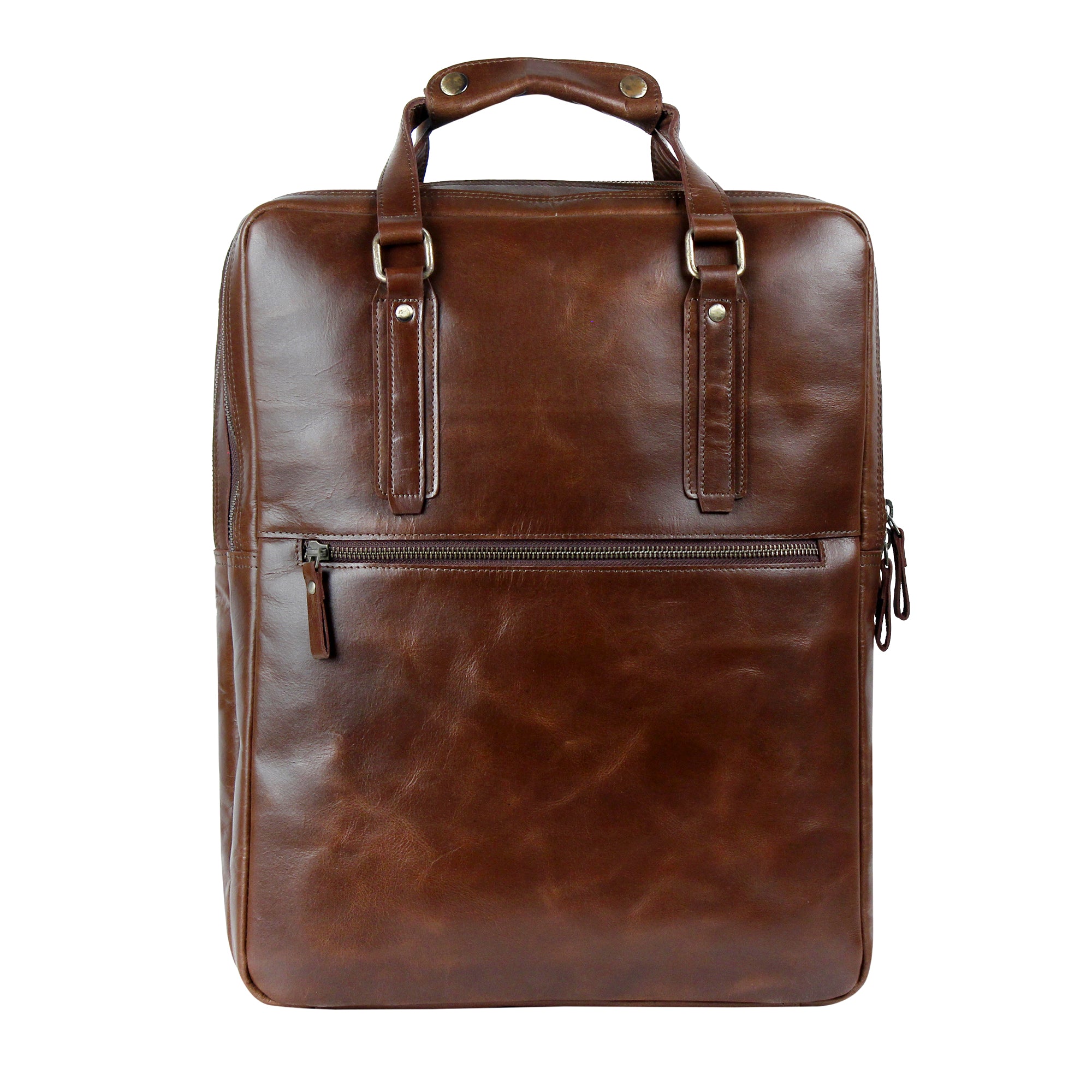 front view of leather backpack