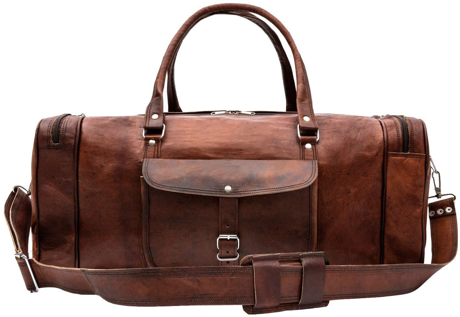 front view of leather duffle bag