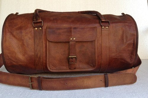 Round Leather Weekender Duffel Bag