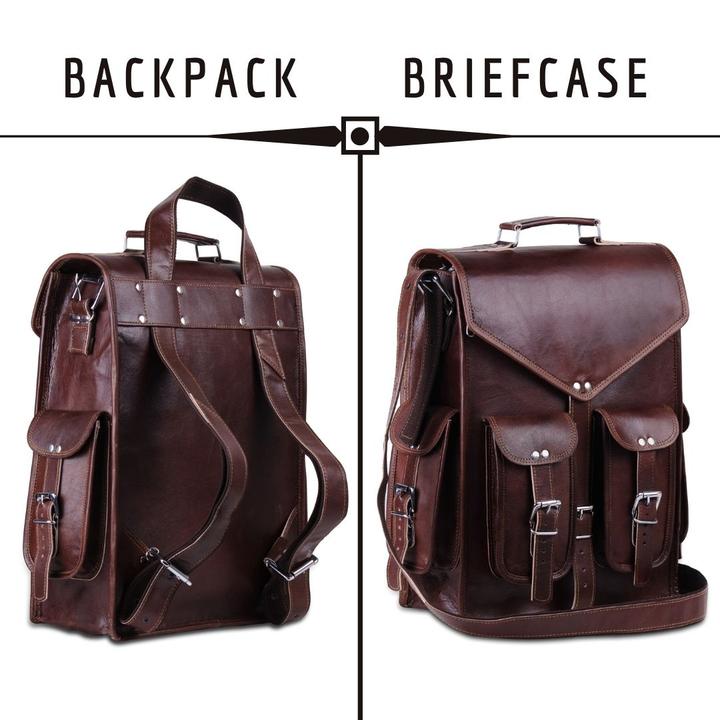 front and back view leather backpack