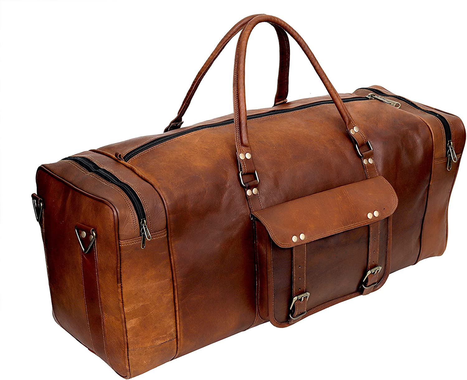 spacious brown leather duffle bag