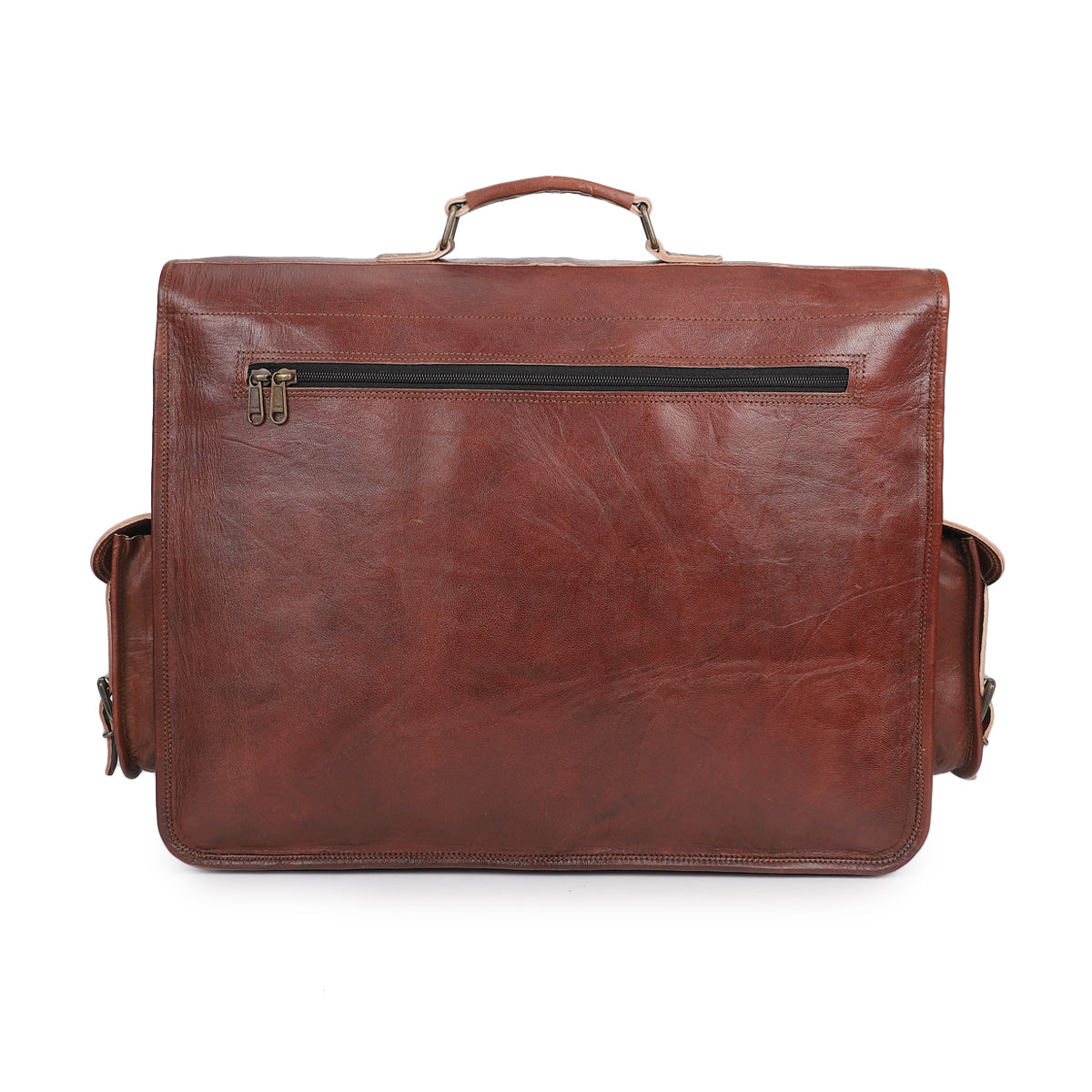 brown leather messenger bag backside