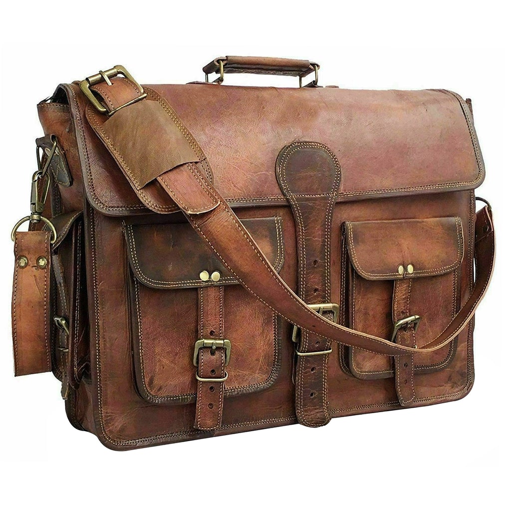vintage full grain leather messenger  briefcase bag