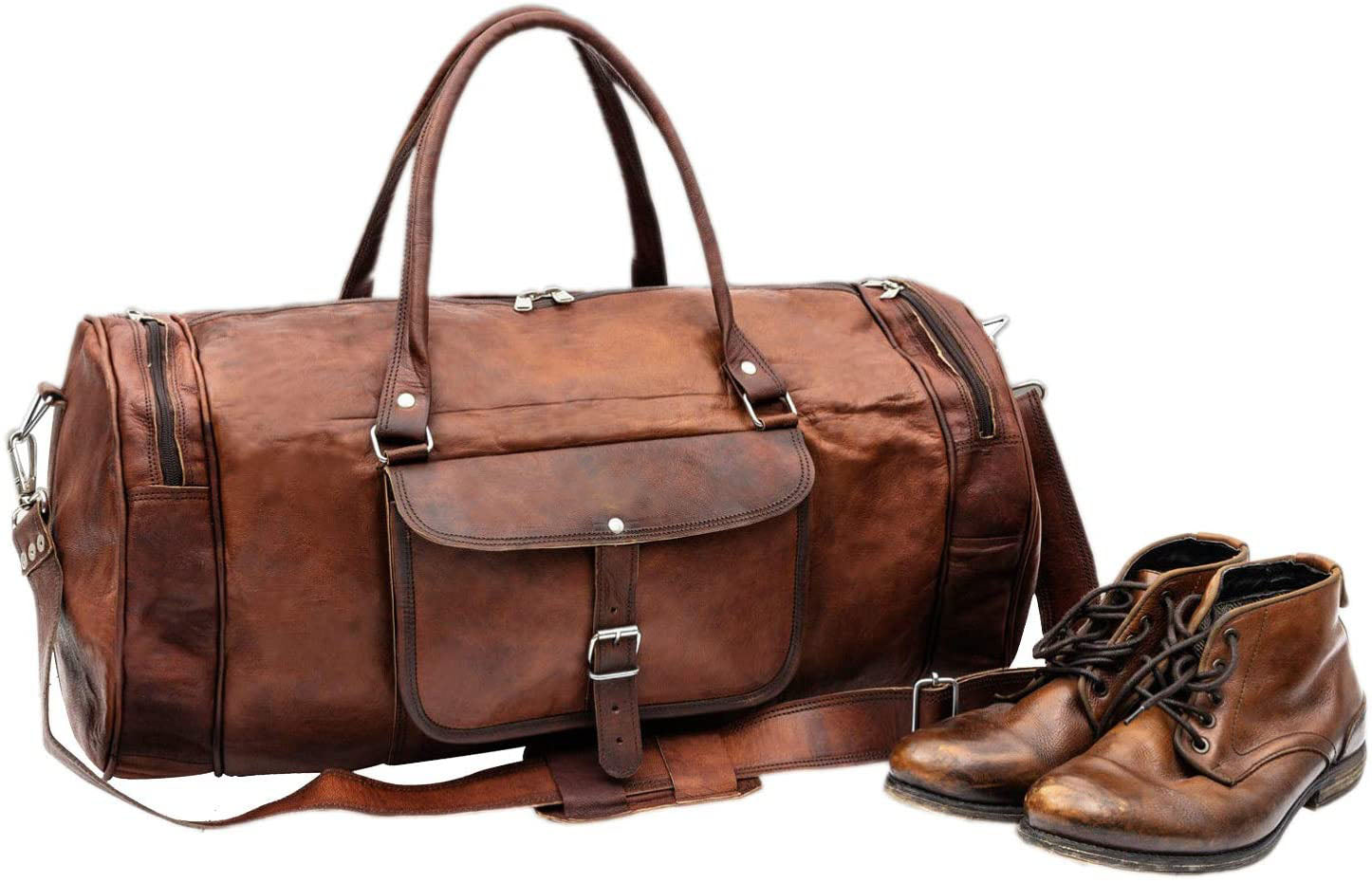Brown Leather Duffel Bag With Shoes