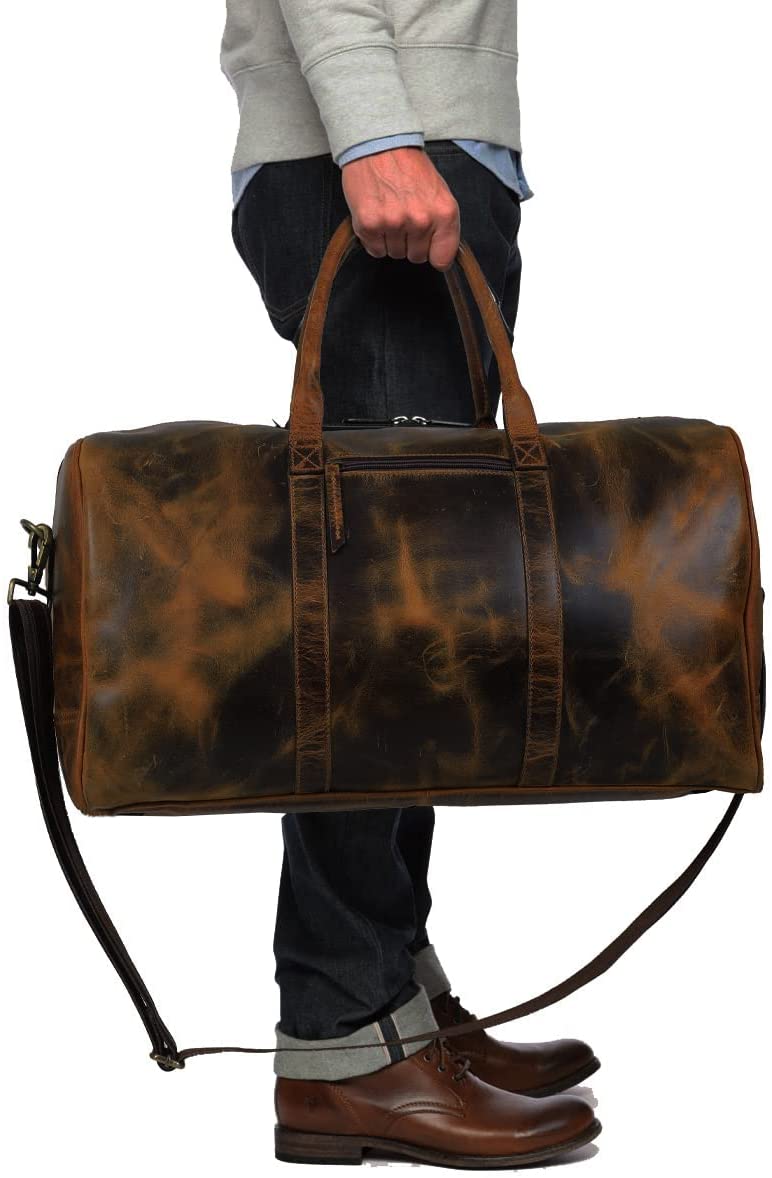 stylish brown n black textured leather duffle bag