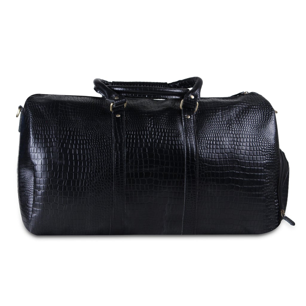 stylish black leather duffle bag