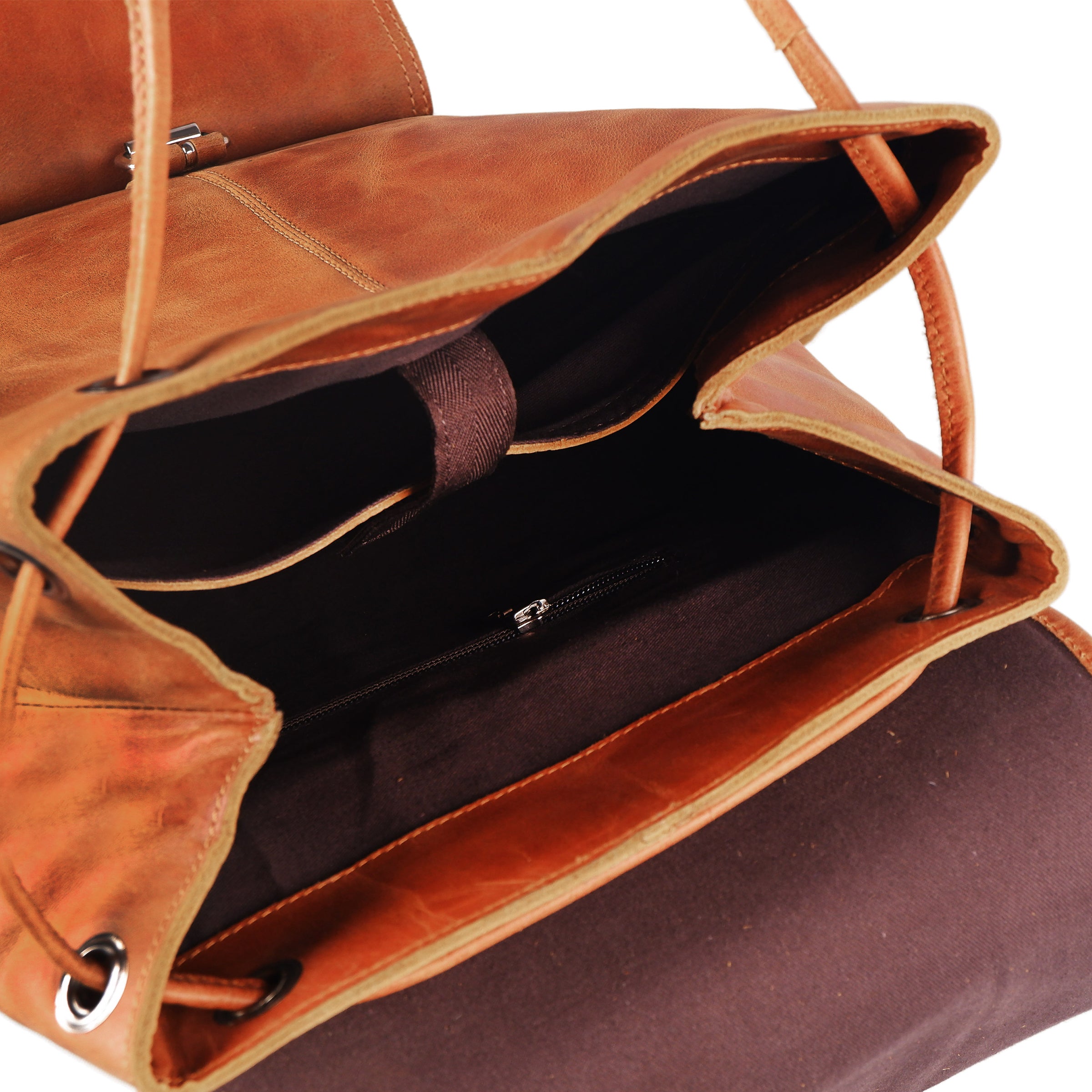 inside view of leather backpack