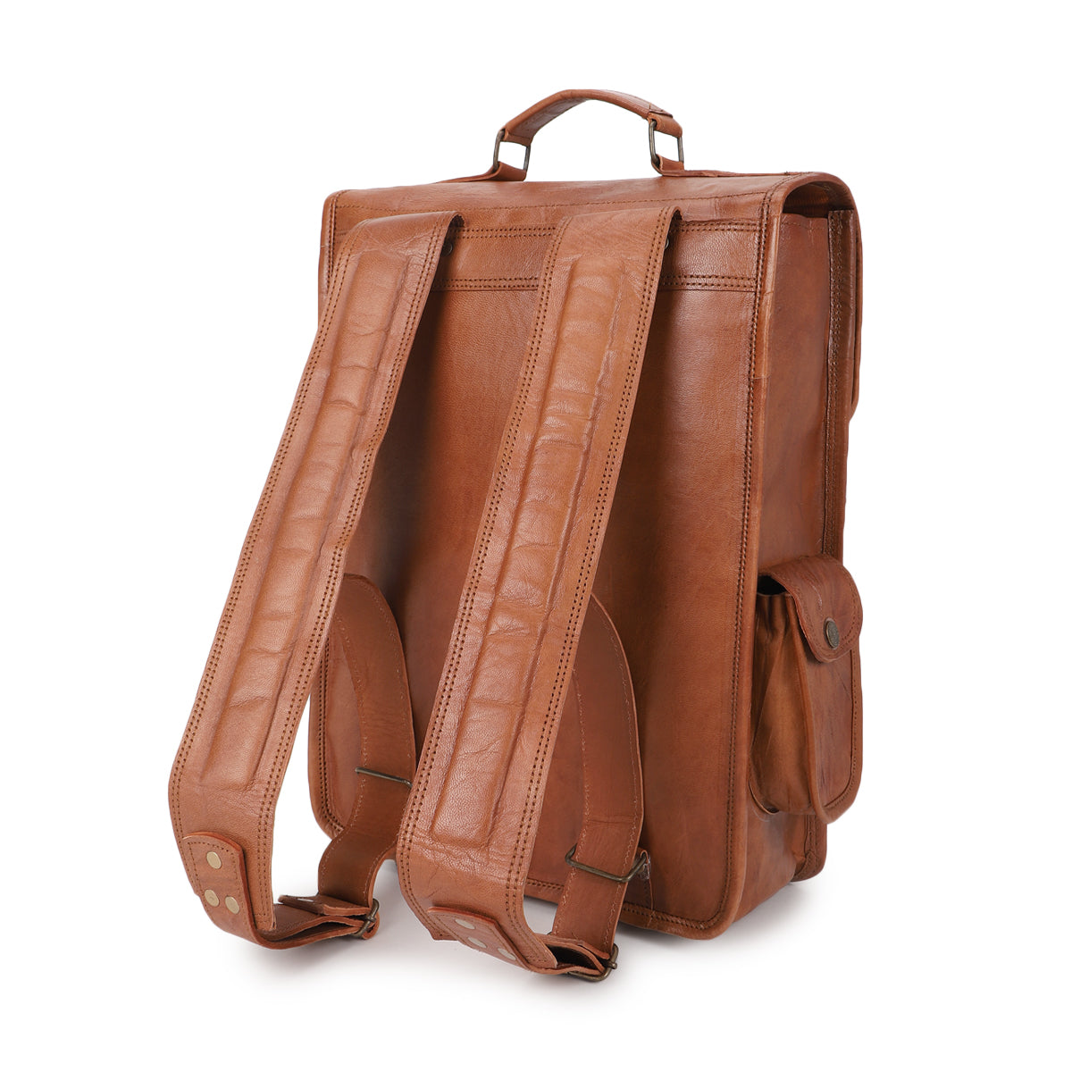 back view od brown leather backpack