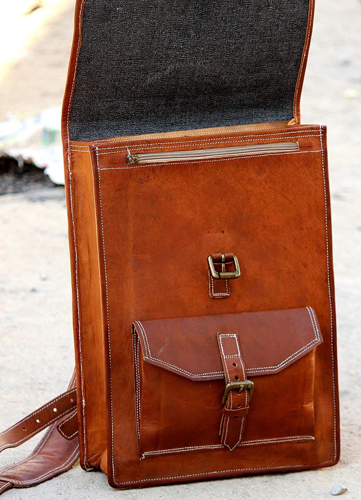 open view of  leather backpack