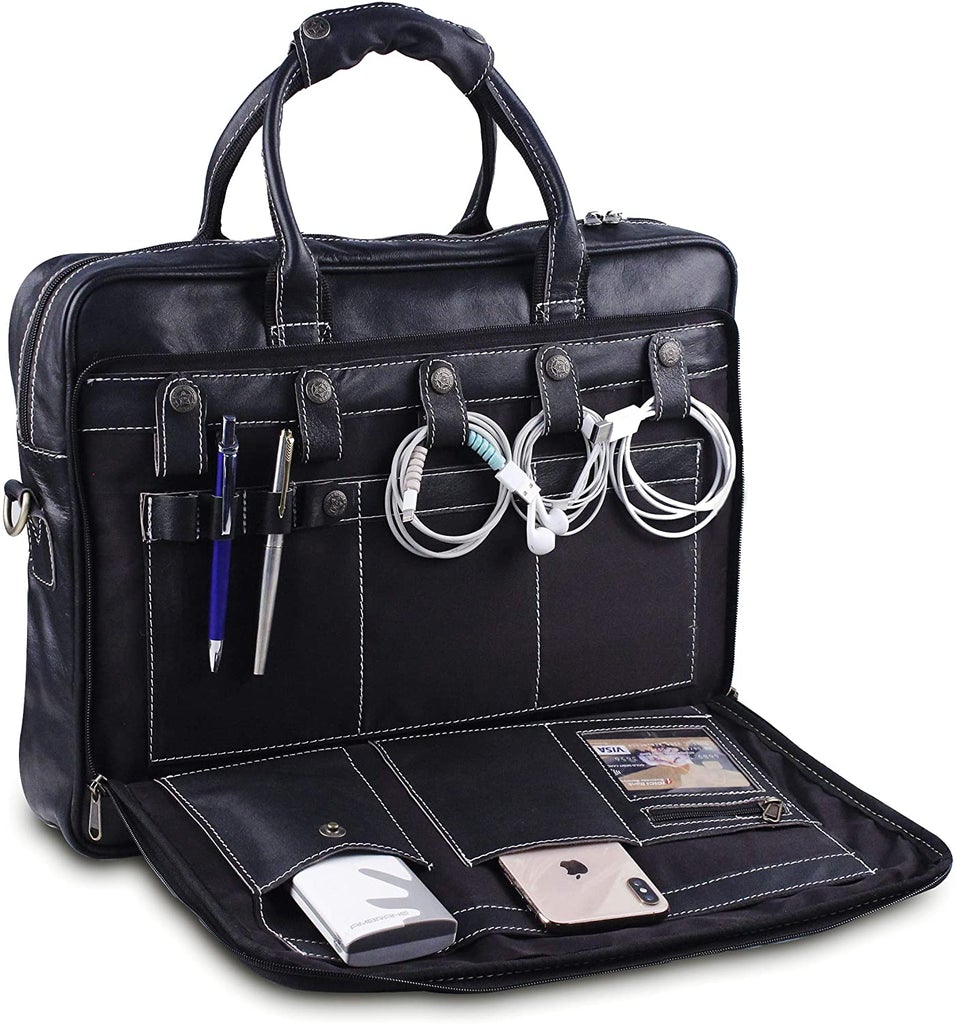Black leather briefcase with cable, mobile, powerbank space