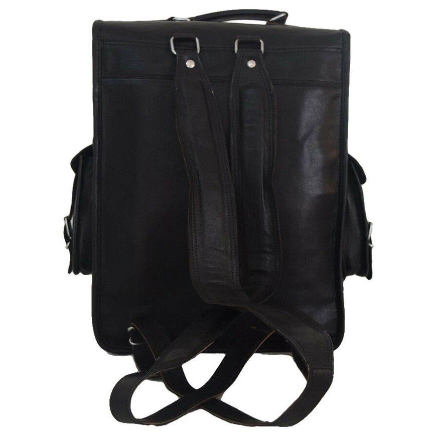 back view of black leather backpack
