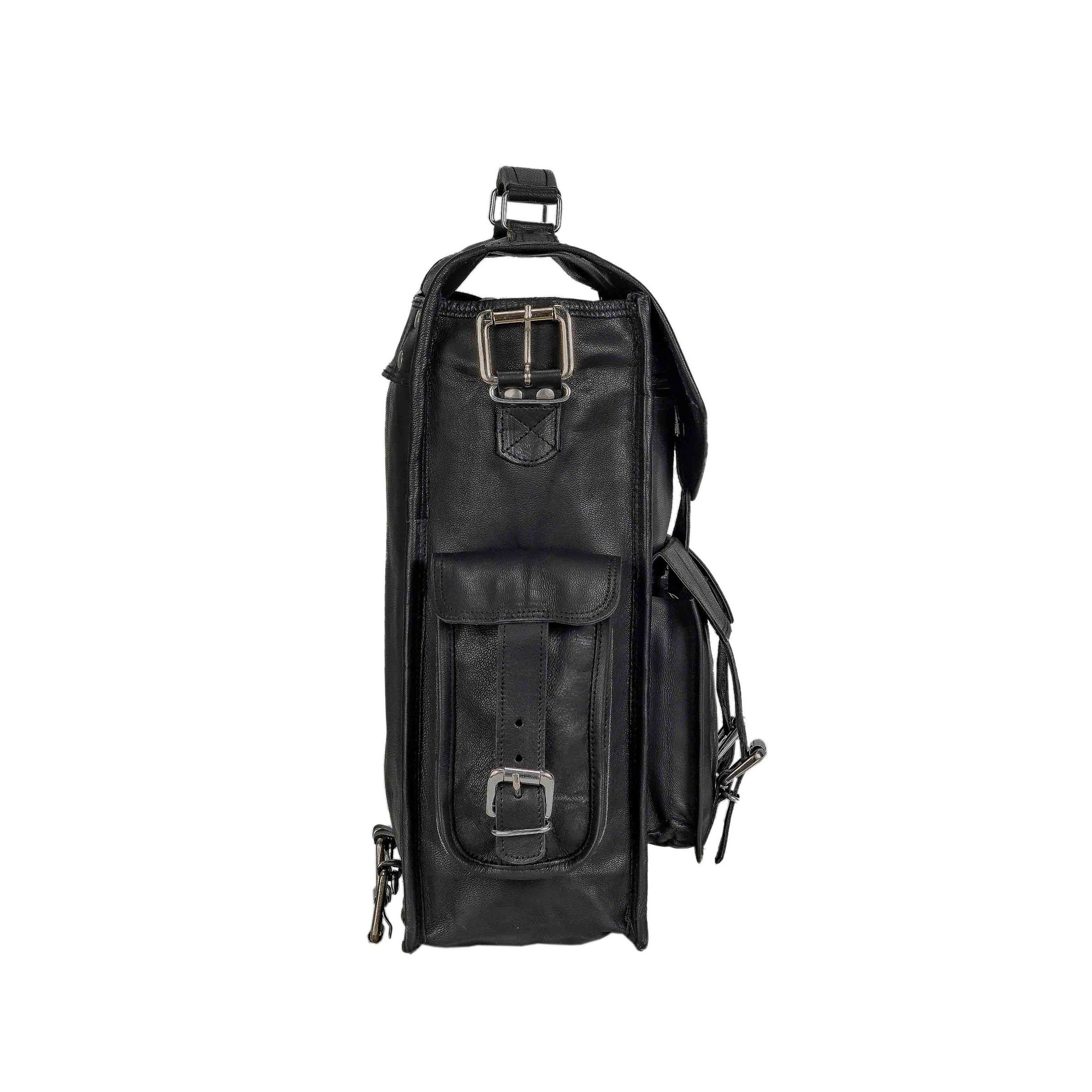 side view of leather convertible  leather backpack