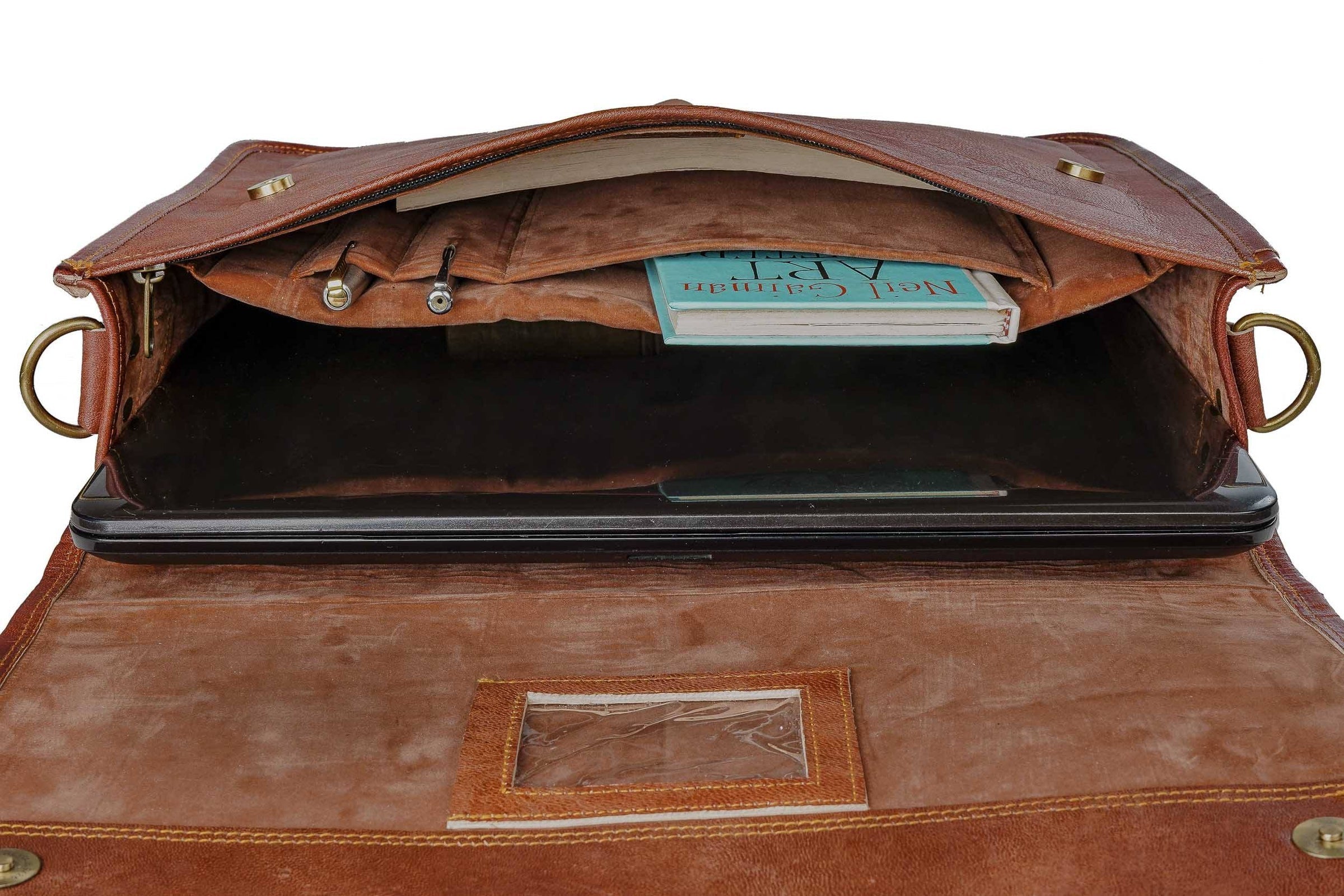 leather messenger bag inside view