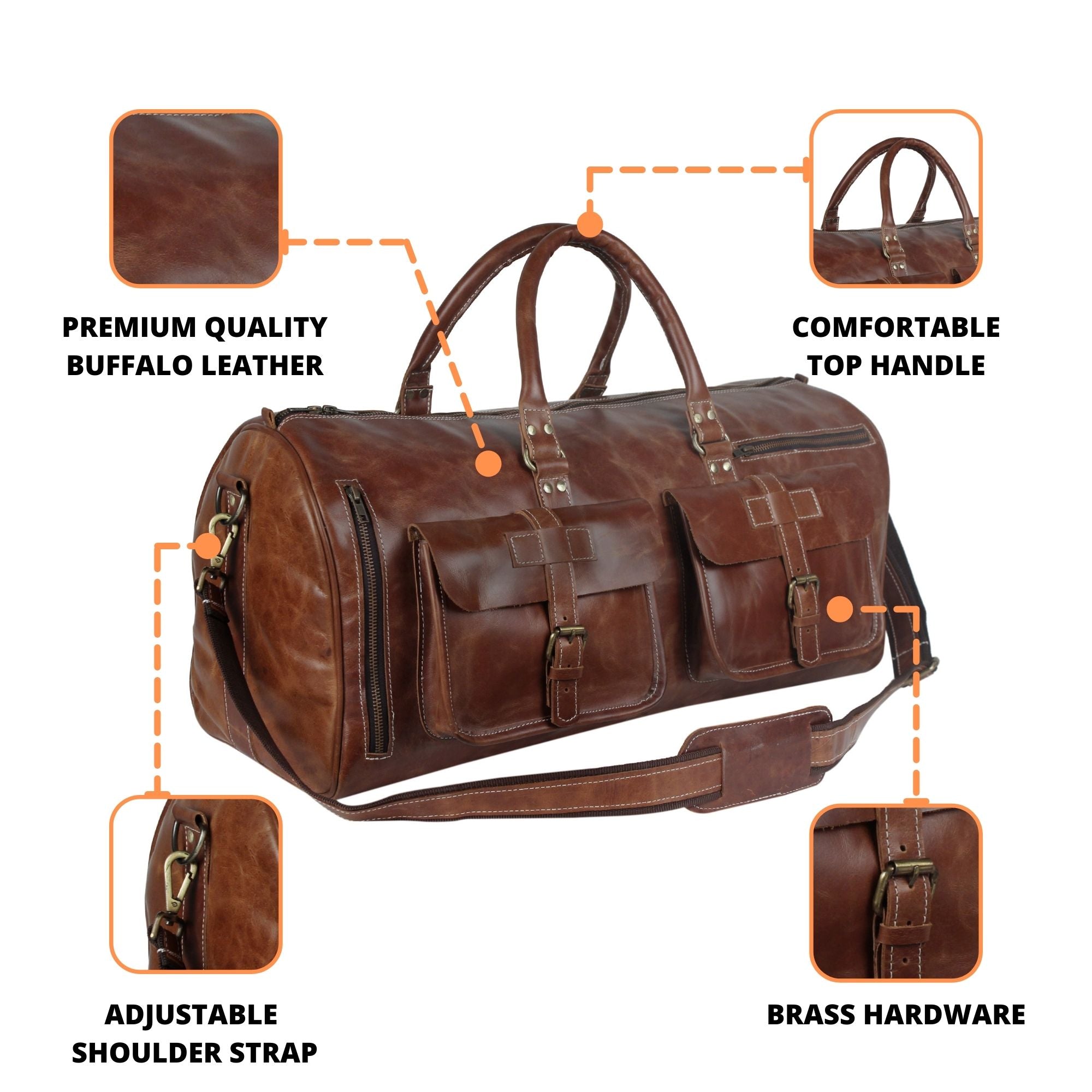 multiple featured leather duffel bag