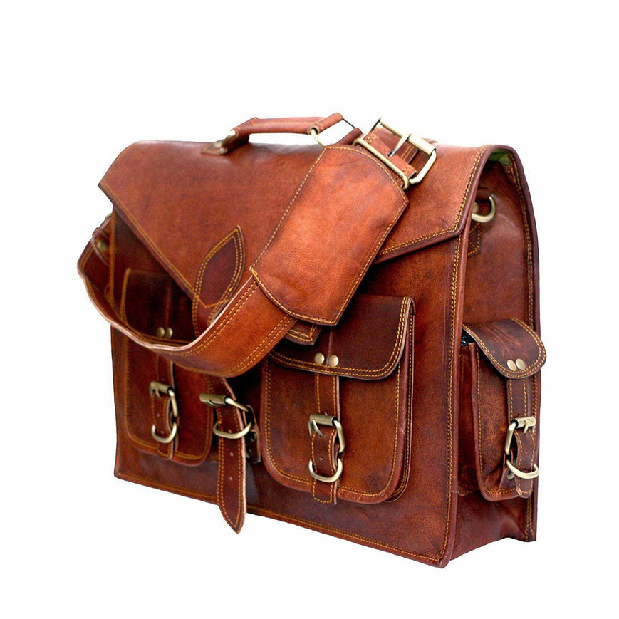 side view of leather messenger bag