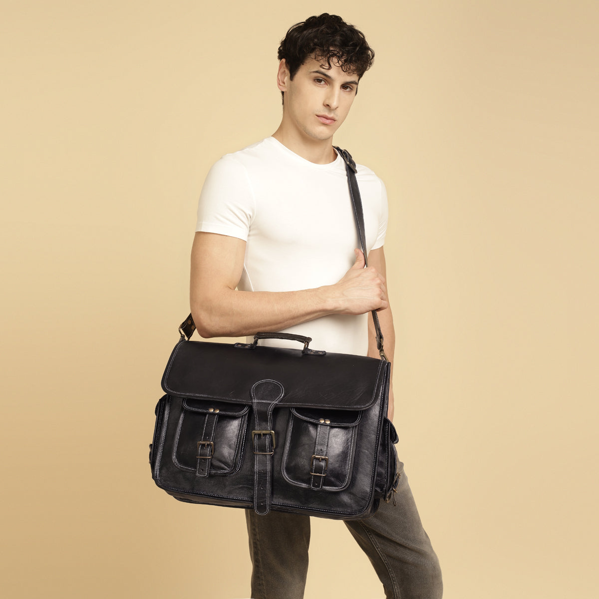 stylish black leather messenger bag