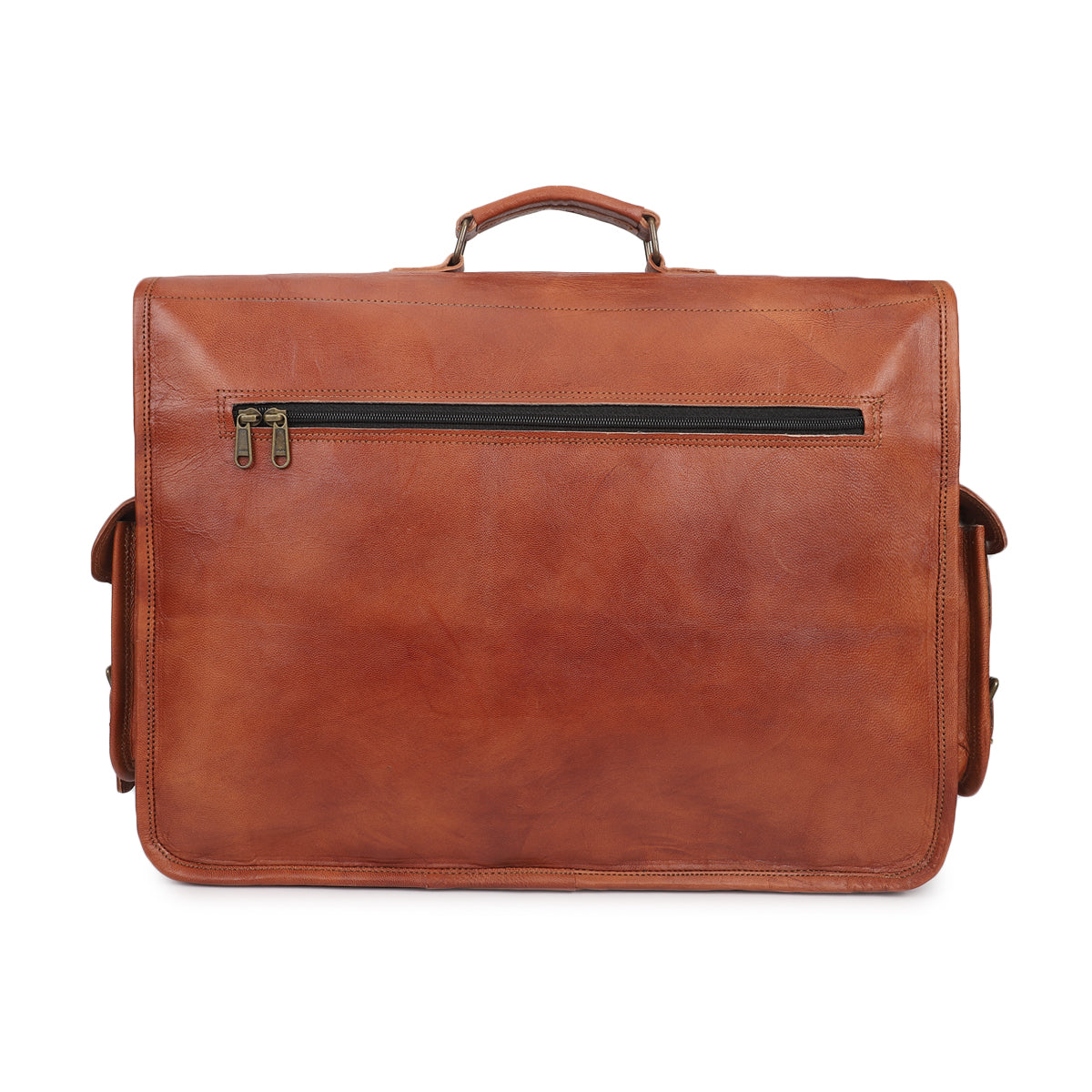 brown coloured leather messenger bag backview