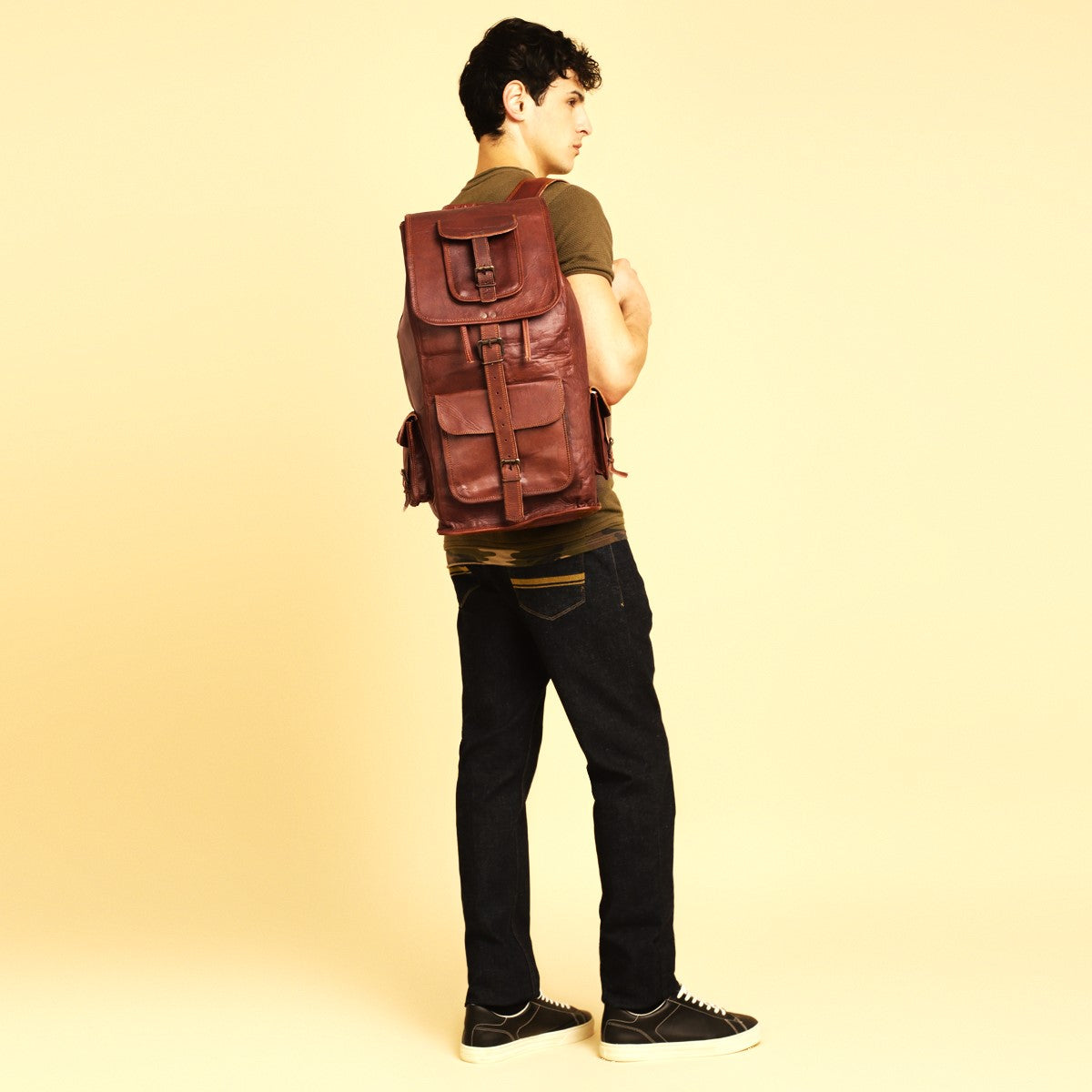 back view of leather backpack