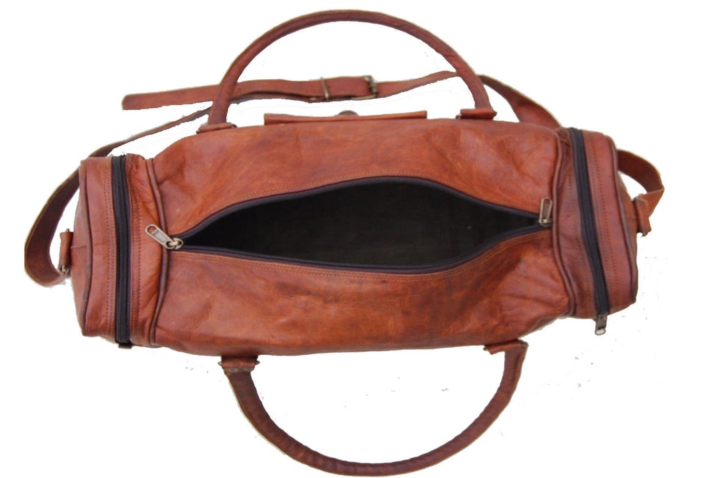 spacious leather duffle bag opened
