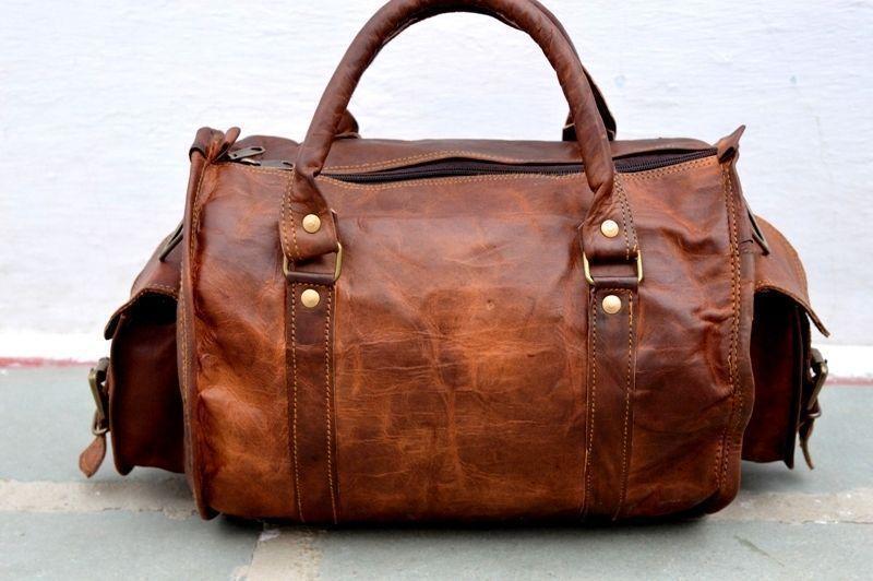 back view of vintage mini leather duffle bag 