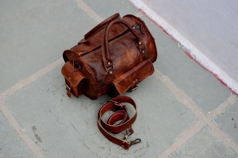 upper view of leather duffle bag