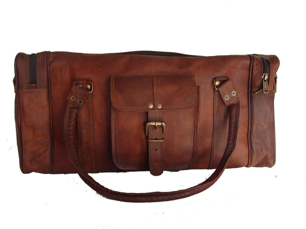 vintage look leather duffle bag