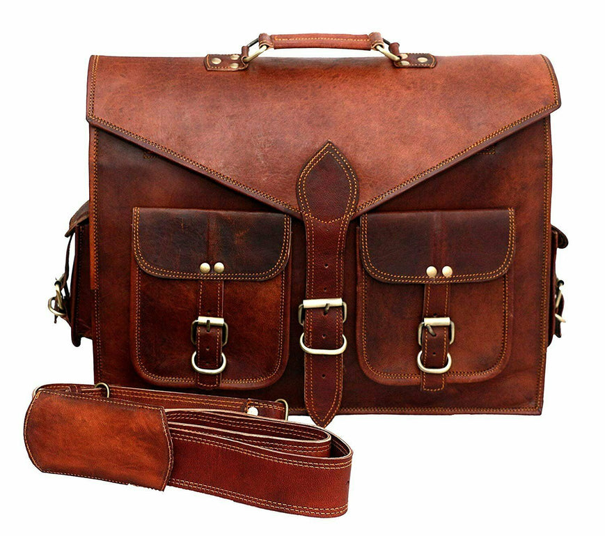 brown leather messenger bag with belt